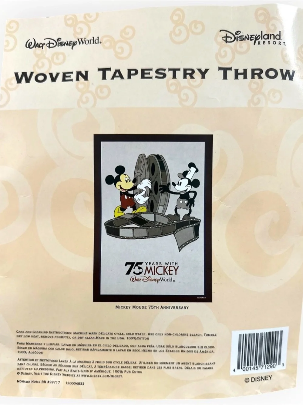 Disney 75 Years With Mickey Woven Tapestry Throw 100% Cotton USA NOS Collectible